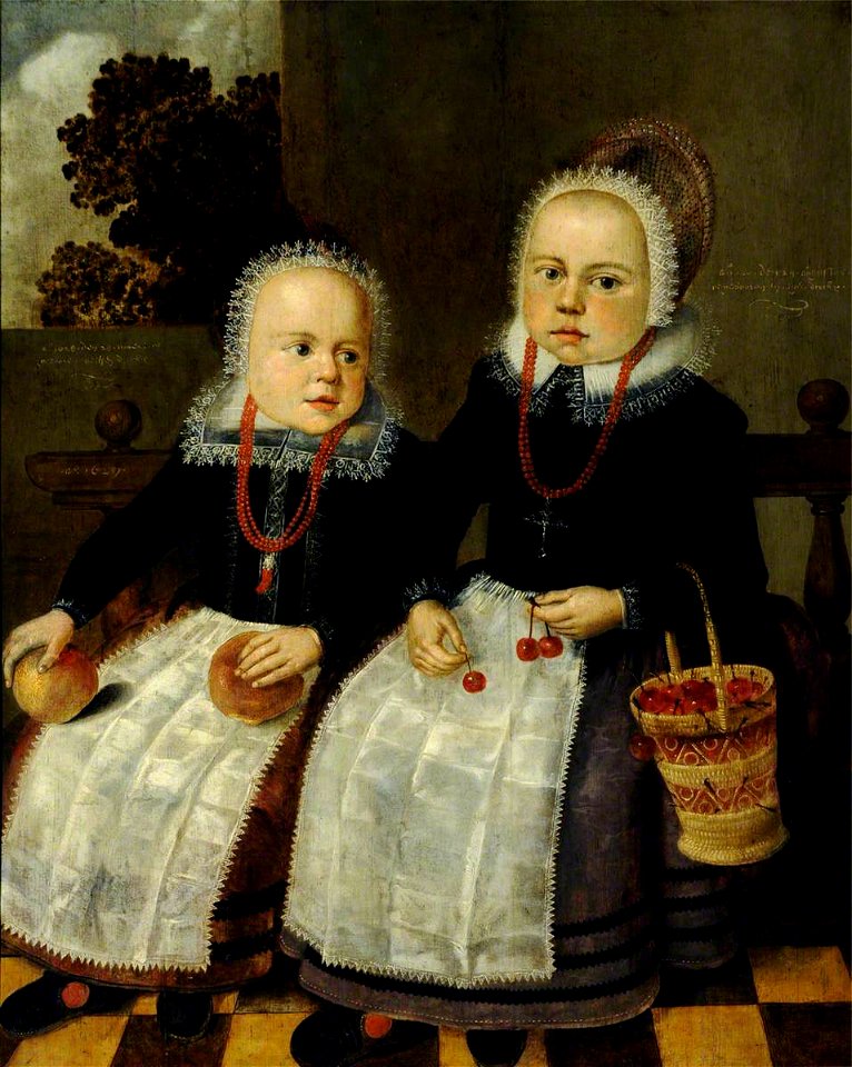 Dutch School - Two Little Dutch Children in Aprons, Holding Apples, Cherries and a Straw Bag - 593116 - National Trust