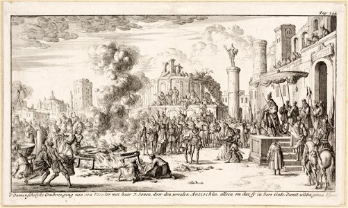 D´Onmenschelijke ombrenging van een moeder met haar 7 sonen, door den wreden Antiochus, allen omdat sij in hare gods-dienst wilden getrou blijven, objectnr A 41792
