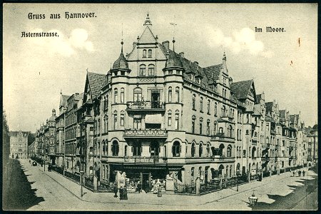 E. A. Fischer AK Gruss aus Hannover. Asternstraße. Im Moore. Bildseite Friedrich Bode Kolonialwaren Delikatessen, Hahnenstraße