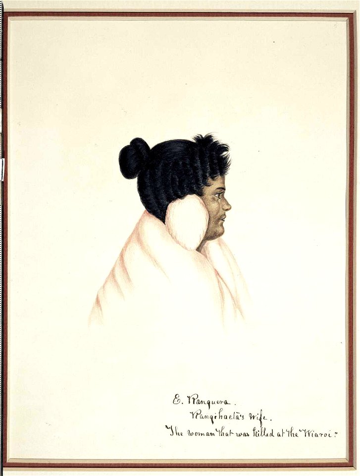 E Ranguera. Rangiahaeta's wife. The woman that was killed at the Wiaroi, watercolour & gum arabic by Isaac Coates