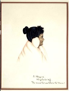 E Ranguera. Rangiahaeta's wife. The woman that was killed at the Wiaroi, watercolour & gum arabic by Isaac Coates