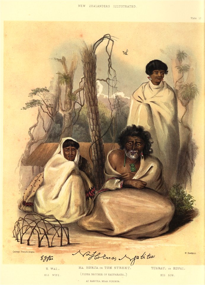 E WAI, NA HORUA, OR TOM STREET, (ELDER BROTHER OF RAUPARAHA,) TUARAU, OR KOPAI, HIS SON AT KAHOTEA, NEAR PORIRUA, The New Zealanders Illustrated, 1847