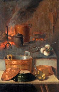 E. K. Lautter (active 18th C) - Kitchen Still Life with Pots and Pans and a Roaring Fire - 988021 - National Trust