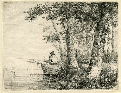E.T. Daniell - River Scene with Man fishing from Boat