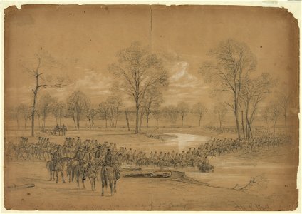 Genl. McClellan and Staff accompanied by the 5th Cavalry crossing Bull Run at Blackburns Ford LCCN2004660451