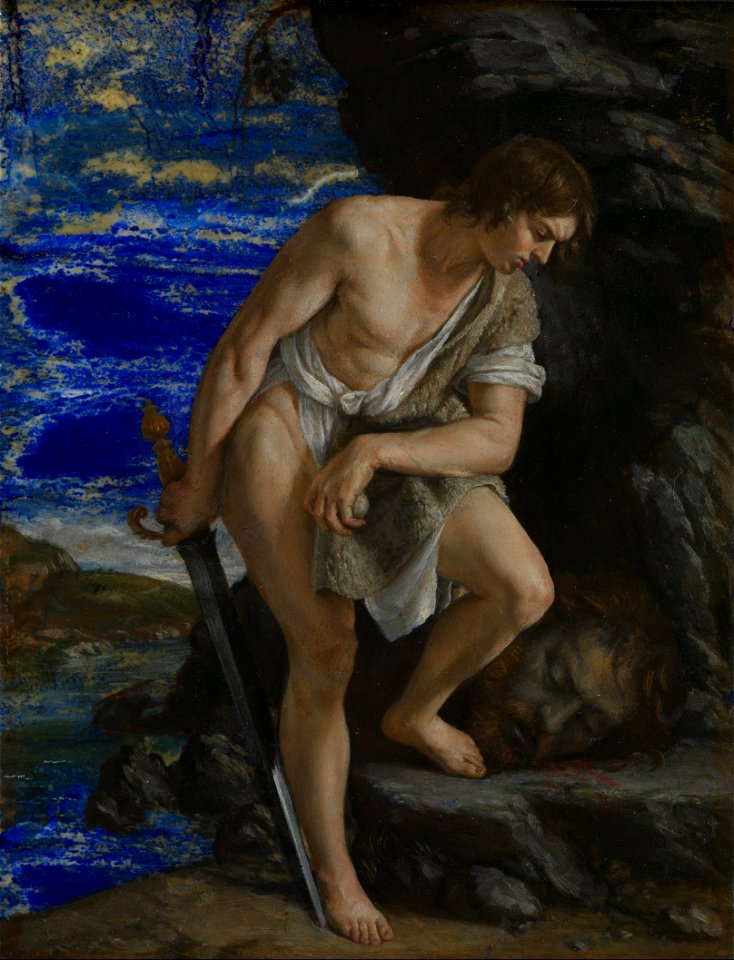 David contemplating the Head of Goliath by Orazio Gentileschi, oil on lapis lazuli,