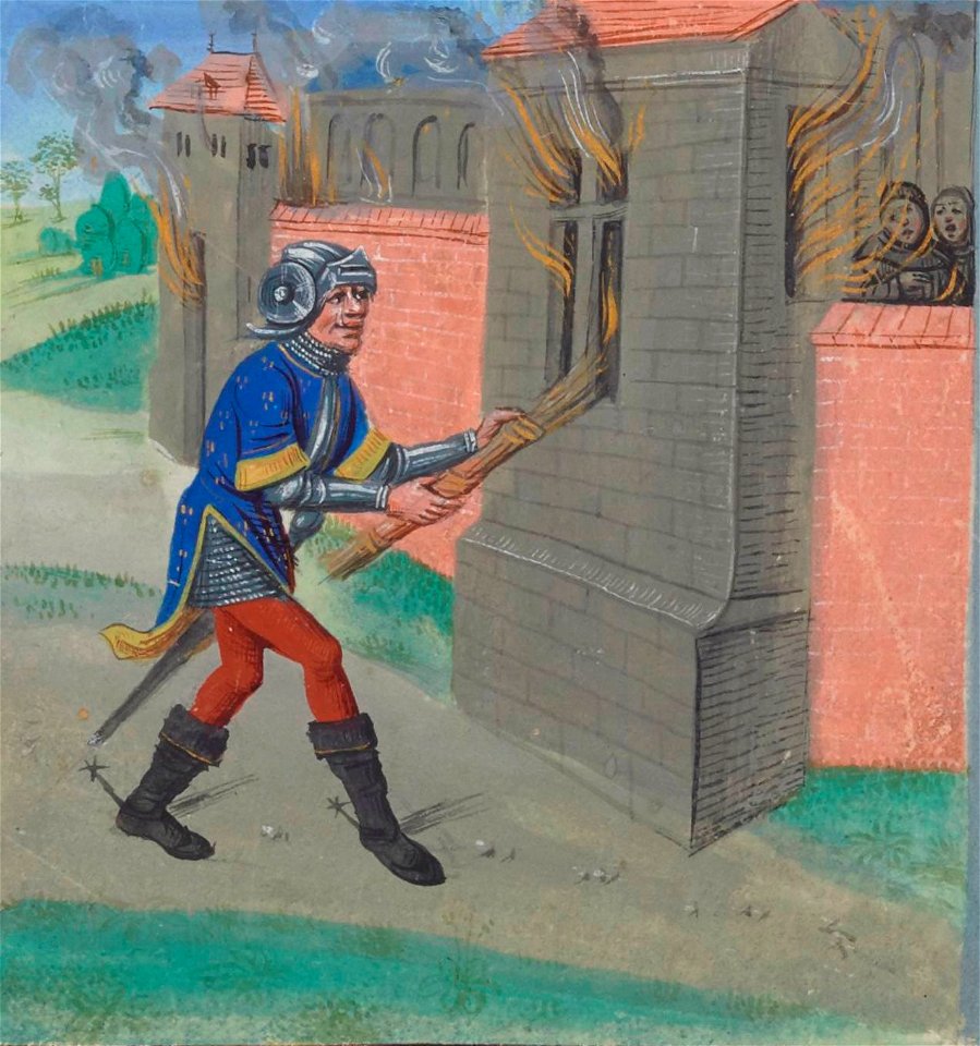 Geoffroy incendiant Maillezais (BNF ms fr 24383, fol 24v Roman de Melusine-Coudrette) (cropped)