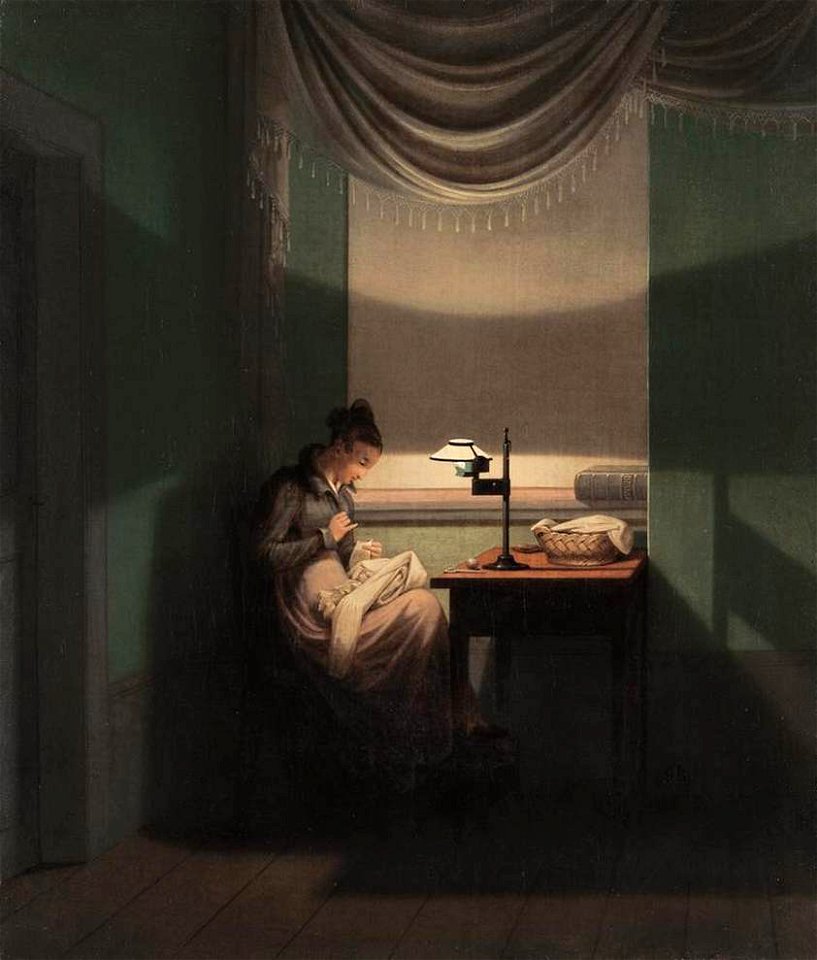 Georg Friedrich Kersting - Young Woman Sewing by the Light of a Lamp - WGA12125