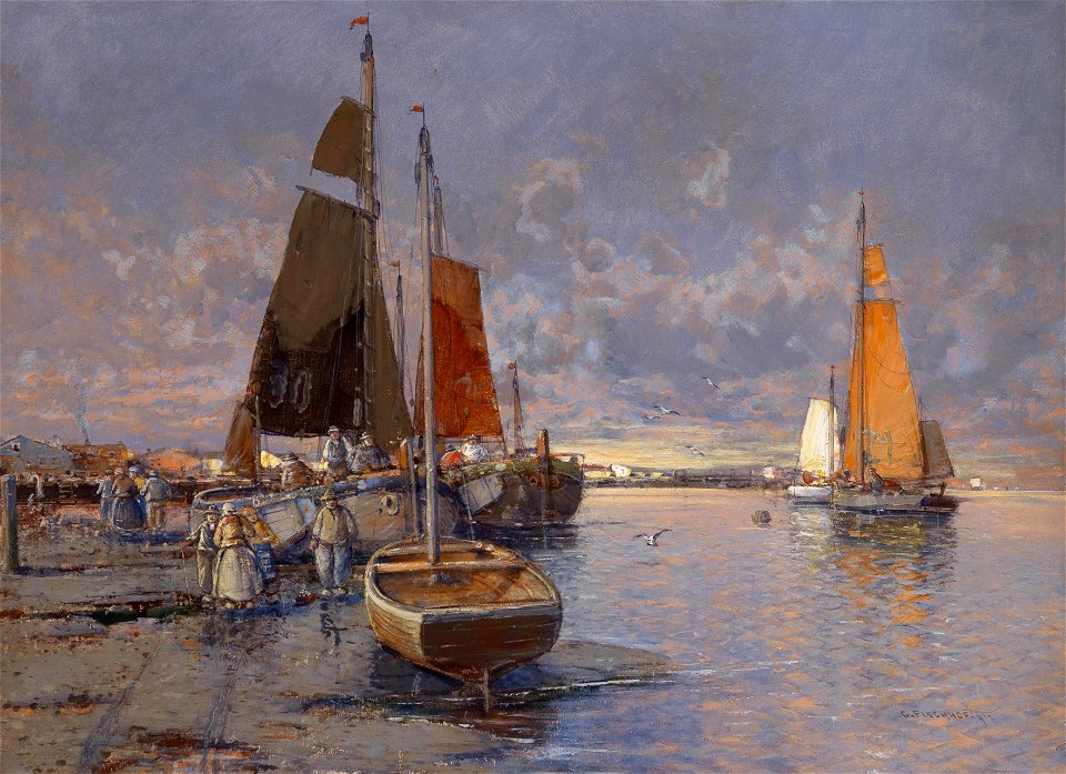 Georg Fischhof Fischer an der Mole im Abendrot 1902