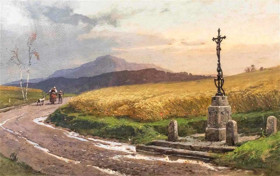 Georg Janny Landstraße mit Kornfeld und Kreuz
