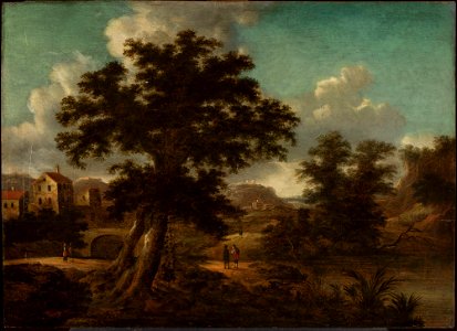 Georg Heinrich Hergenröder - Landscape with a bridge, a large tree and travellers - 130893 MNW - National Museum in Warsaw