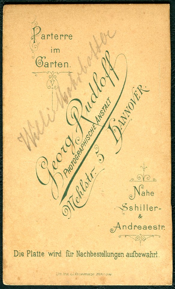 Georg Rudloff, Hannover, Mehlstraße 5, CDV Willi Mohrbotter Revers Photographische Anstalt Parterre im Garten Lithographische Anstalt von J. Knoevenagel