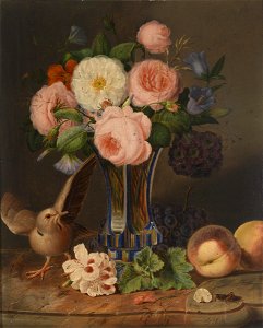 Georg Seitz Blumenstillleben mit einem Vogel und einer Heuschrecke