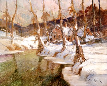 George Ames Aldrich Cottages by River, Winter