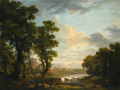 George Barret - An extensive wooded river landscape...etc