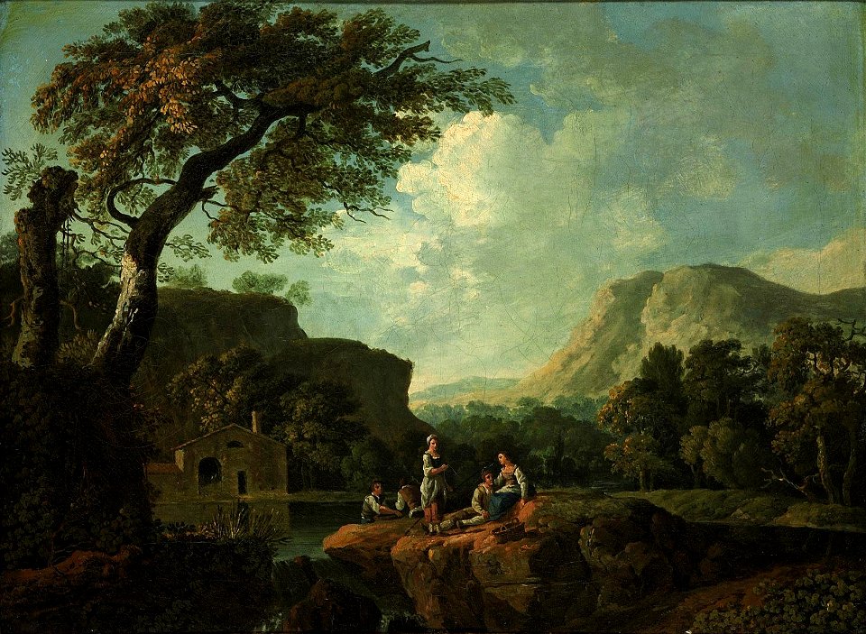 George Barrett - An italianate river landscape with an angling party, mountains beyond