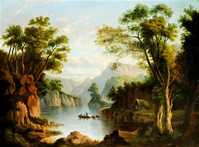 George Barrett - River landscape with men in the boat and a straw hut on the shore. Free illustration for personal and commercial use.