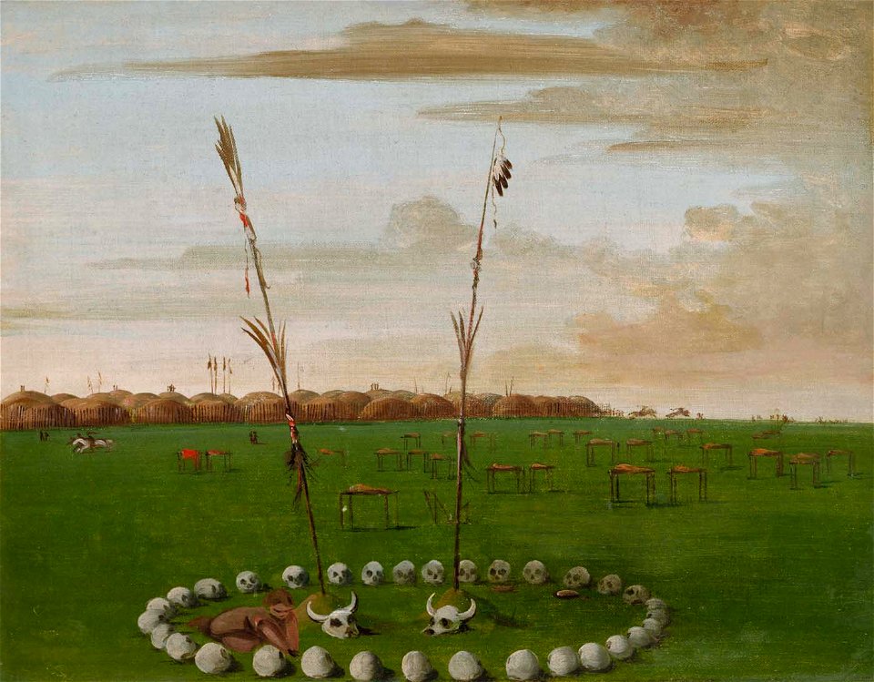 George Catlin - Back View of Mandan Village, Showing the Cemetery - 1985.66.392 - Smithsonian American Art Museum