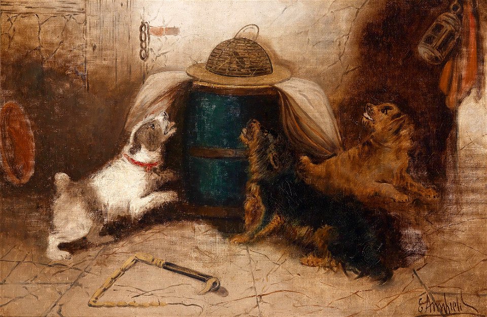 George Armfield Three Dogs Barking at a Mouse