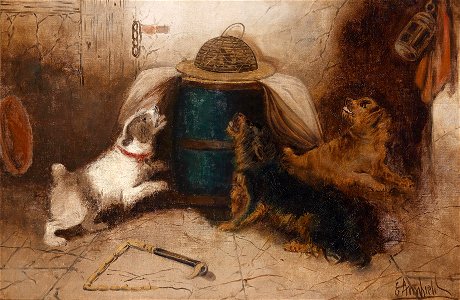 George Armfield Three Dogs Barking at a Mouse