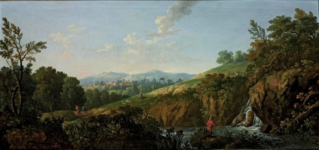 George Barret - A wooded river landscape with a man fishing in the foreground, a shepherd playing a flute etc...