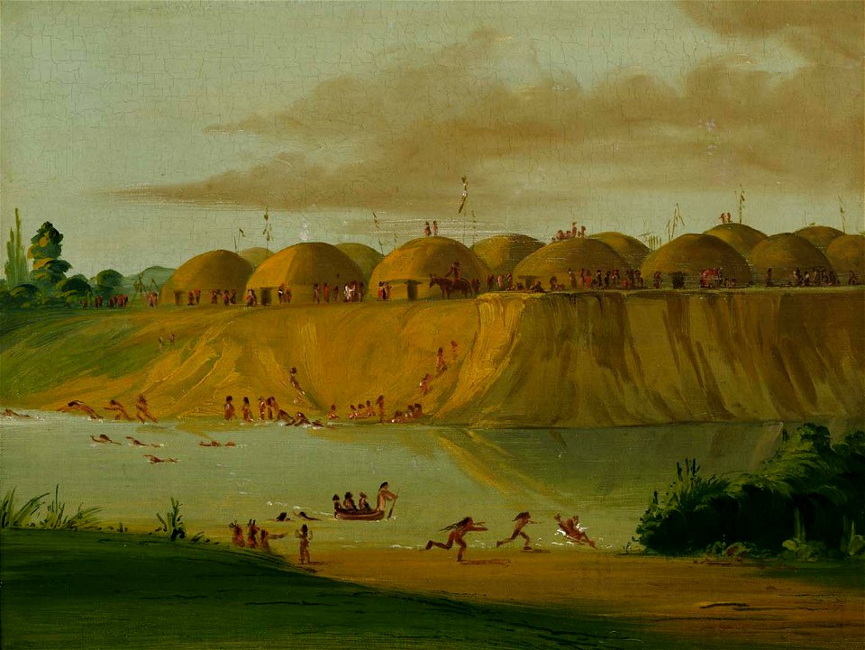 George Catlin - Hidatsa Village, Earth-covered Lodges, on the Knife River, 1810 Miles above St. Louis - 1985.66.383 - Smithsonian American Art Museum