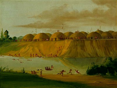 George Catlin - Hidatsa Village, Earth-covered Lodges, on the Knife River, 1810 Miles above St. Louis - 1985.66.383 - Smithsonian American Art Museum