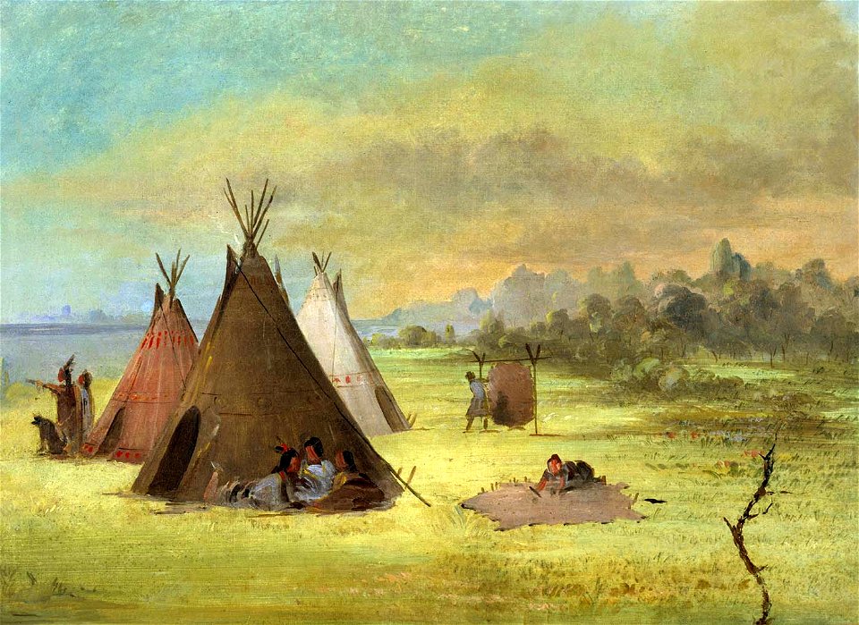 George Catlin - Indian Encampment, Comanche (or Kiowa) Dressing Skins, Red River - 1985.66.597 - Smithsonian American Art Museum