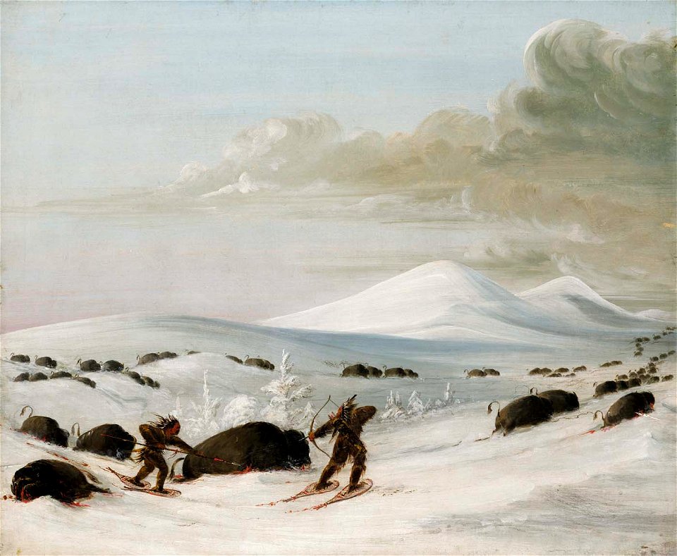George Catlin - Buffalo Chase in Snowdrifts, Indians Pursuing on Snowshoes - 1985.66.417 - Smithsonian American Art Museum