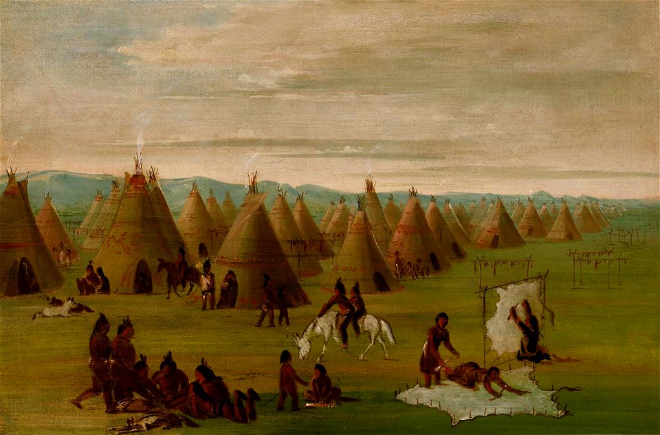 George Catlin - Comanche Village, Women Dressing Robes and Drying Meat - 1985.66.346 - Smithsonian American Art Museum