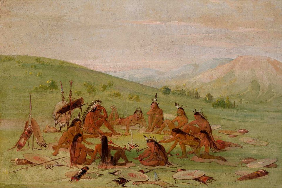 George Catlin - Foot War Party in Council, Mandan - 1985.66.458 - Smithsonian American Art Museum
