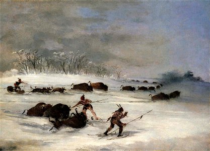 George Catlin - Sioux Indians on Snowshoes Lancing Buffalo - 1985.66.565 - Smithsonian American Art Museum