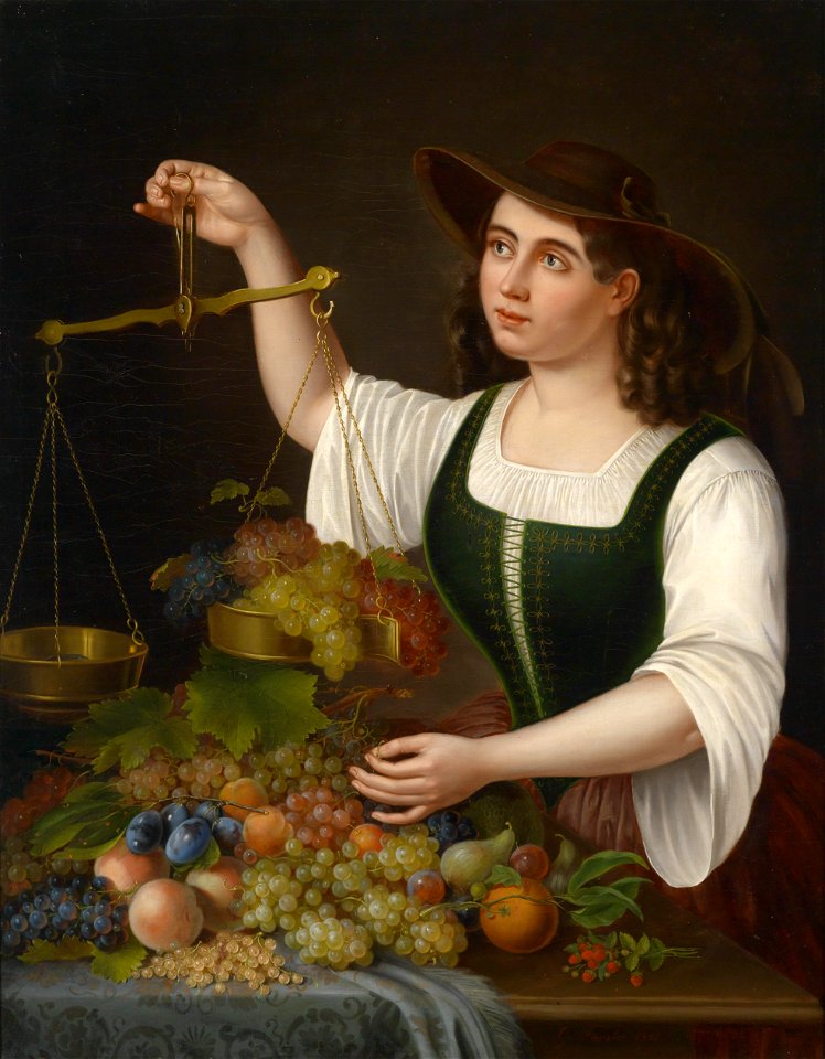 George Forster Eine junge Marktfrau beim Abwägen von Früchten 1861