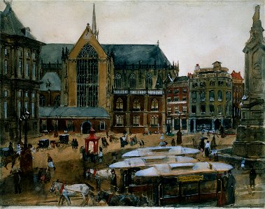 George Hendrik Breitner - Gezicht op de Dam te Amsterdam. Free illustration for personal and commercial use.