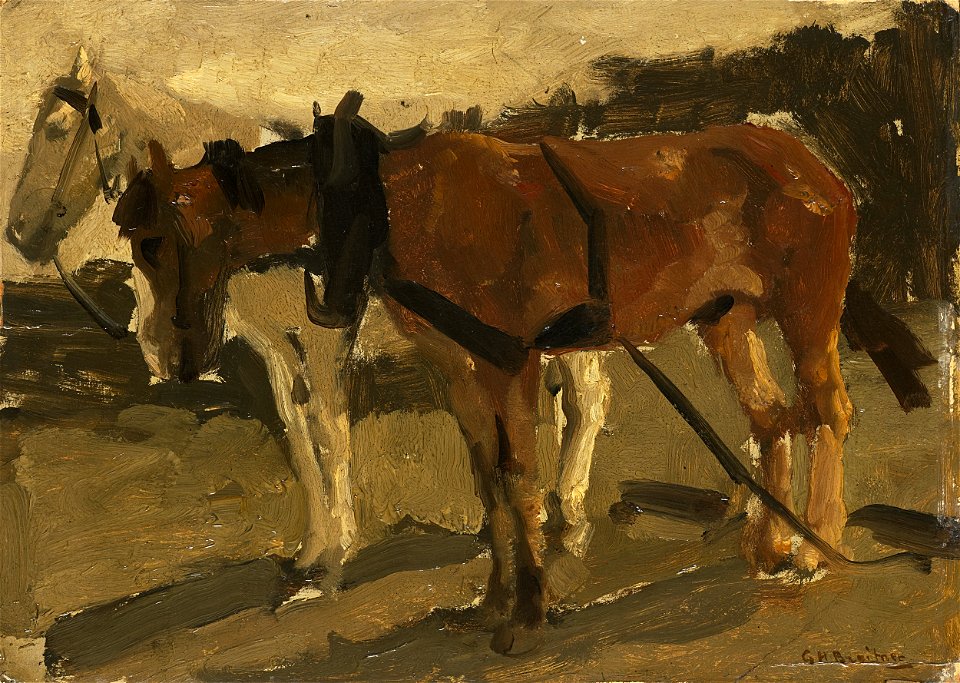 George Hendrik Breitner - Een bruin en een wit paard te Scheveningen