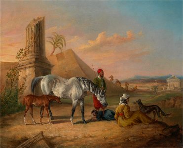 George Henry Laporte - Grey Arabian mare and foal, with a family - Google Art Project
