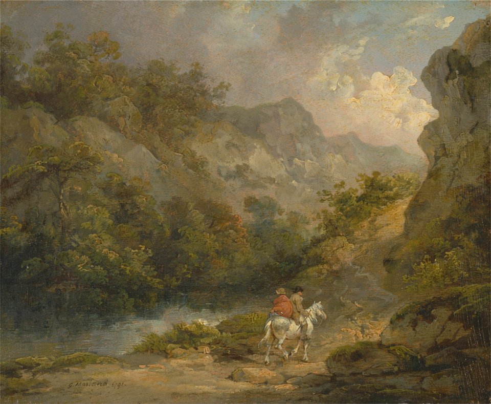 George Morland - Rocky Landscape with Two Men on a Horse - Google Art Project
