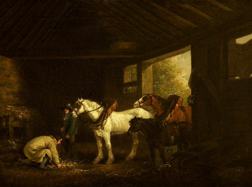 George Morland (1763-1804) (after) - Horses and Farmhands in a Stable - 22847 - National Trust