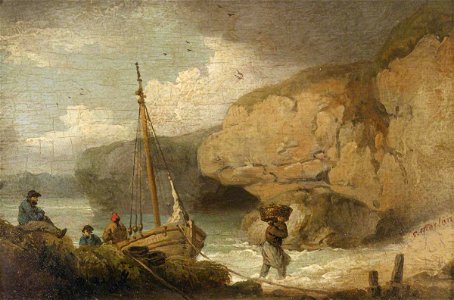 George Morland (1763-1804) (style of) - Fishermen Unloading a Boat in a Rocky Inlet - 515518.2 - National Trust