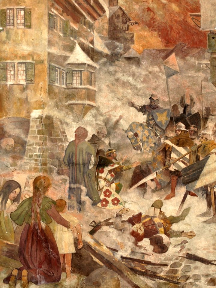 GA Cloß - Zerstörung von Rapperswil im Jahre 1350 (Wandgemälde ca.1896)