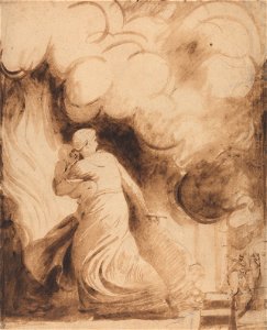 George Romney - A Mother with Her Child in Her Arms Flying upon the Ramparts of a City in Flames (Lady Hamilton as ... - Google Art Project