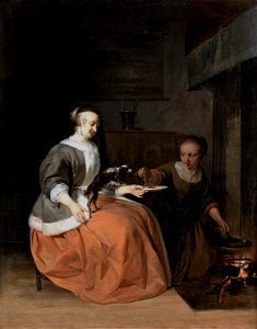 Gabriel Metsu - Lady and Maidservant Feeding a Dog. Free illustration for personal and commercial use.