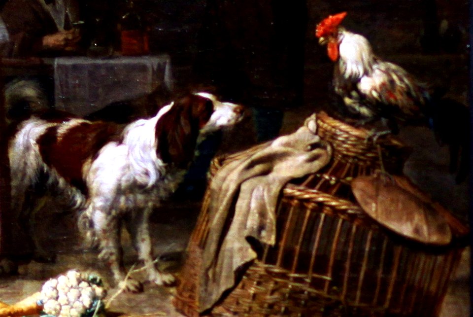 Gabriel Metsu - Le marché aux herbes (detail dog and rooster)