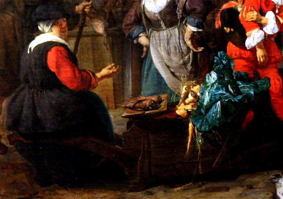 Gabriel Metsu - Le marché aux herbes (detail market woman seated on her wheelbarrow with turnips carrots and cabbage)