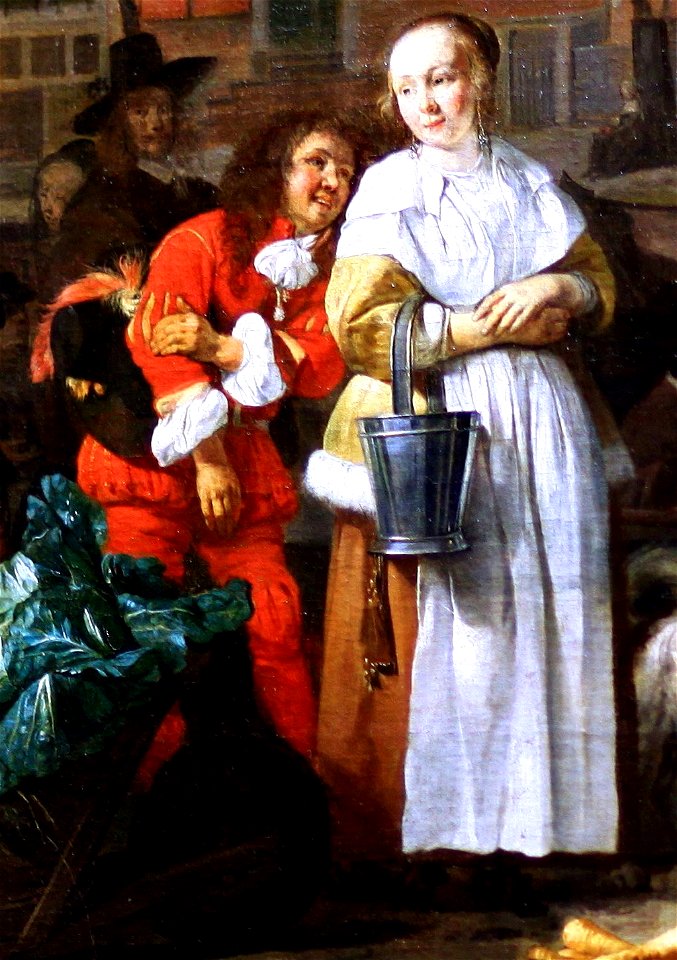 Gabriel Metsu - Le marché aux herbes (detail loverboy speaks to young woman waiting for poultry seller)