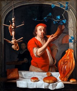Gabriël Metsu (1629-1667), A Baker Blowing his Horn, c.1660-3.. Free illustration for personal and commercial use.