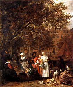 Gabriël Metsu - Vegetable Market in Amsterdam - WGA15097. Free illustration for personal and commercial use.