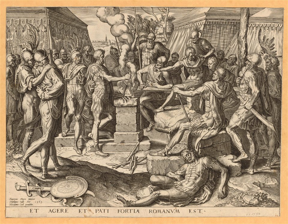 Gaius Mucius Scaevola Placing his Right Hand on a Burning Altar s.d print by Frans Floris I, S.I 1454, Prints Department, Royal Library of Belgium