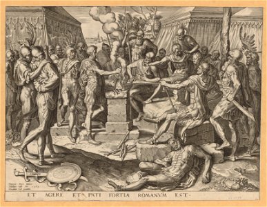 Gaius Mucius Scaevola Placing his Right Hand on a Burning Altar s.d print by Frans Floris I, S.I 1454, Prints Department, Royal Library of Belgium