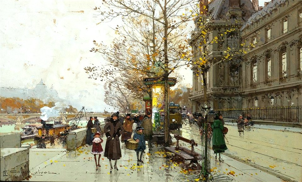 Autumn Street Scene by Eugène Galien-Laloue, gouache on paper